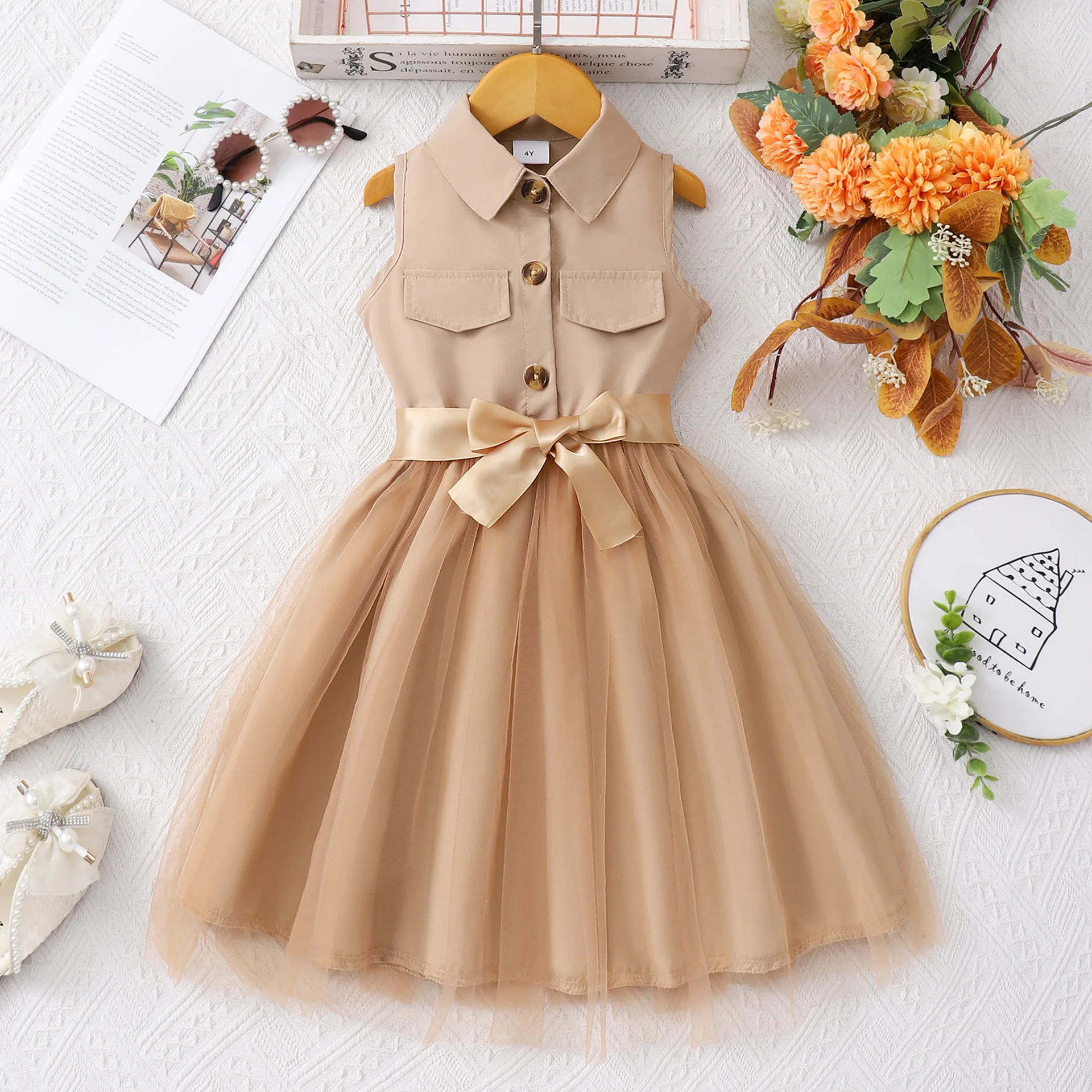 Girls Sleeveless Lapel Tulle Dress Solid Color Ribbon Waist Belt Princess Dress Kids Summer Casual Wedding Flower Girl Dresses