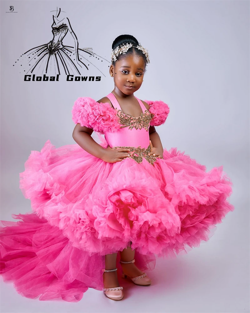 

Pink Sweetheart Cute Flower Girls Dress Beaded Crystal Child Princess Gown For Birthday Party Dresses Ruffles Tiered Robe De Bal