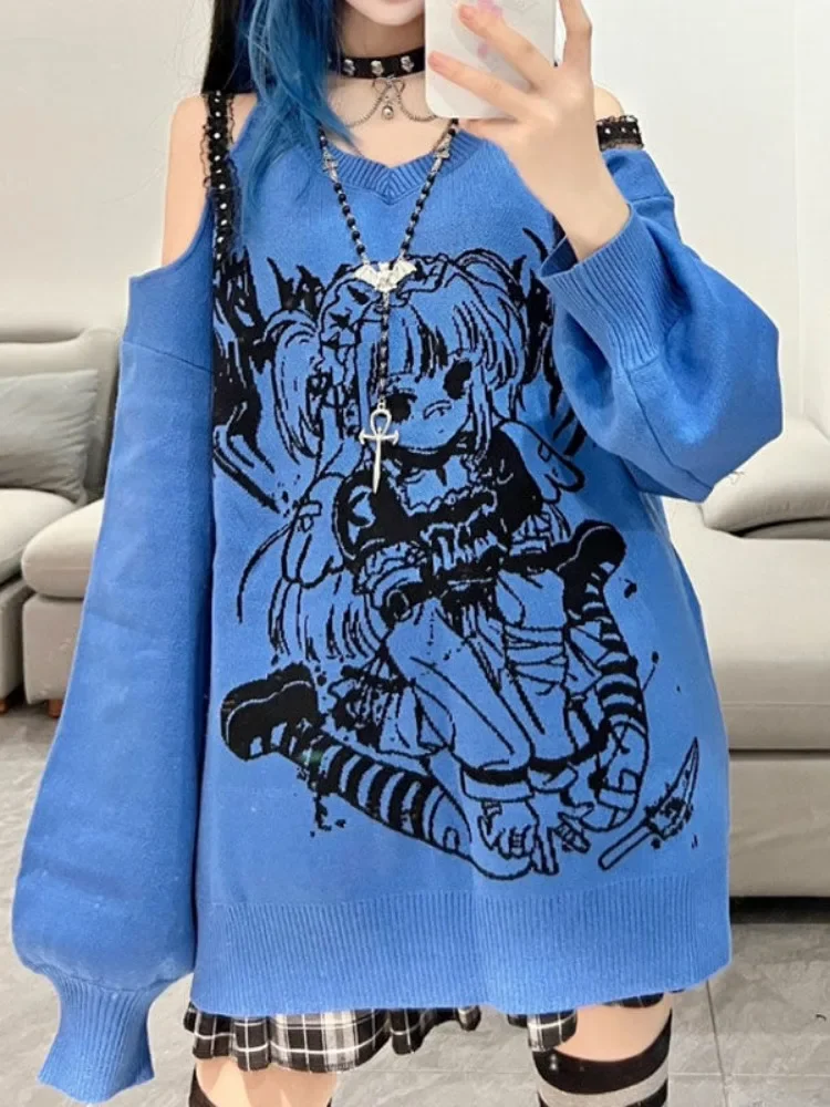 Japanese Slash Neck Knitted Gothic Grunge Pullover Loose Off Shoulder Cartoon Jacquard Sweaters Streetwear Y2k Women Pull Femme