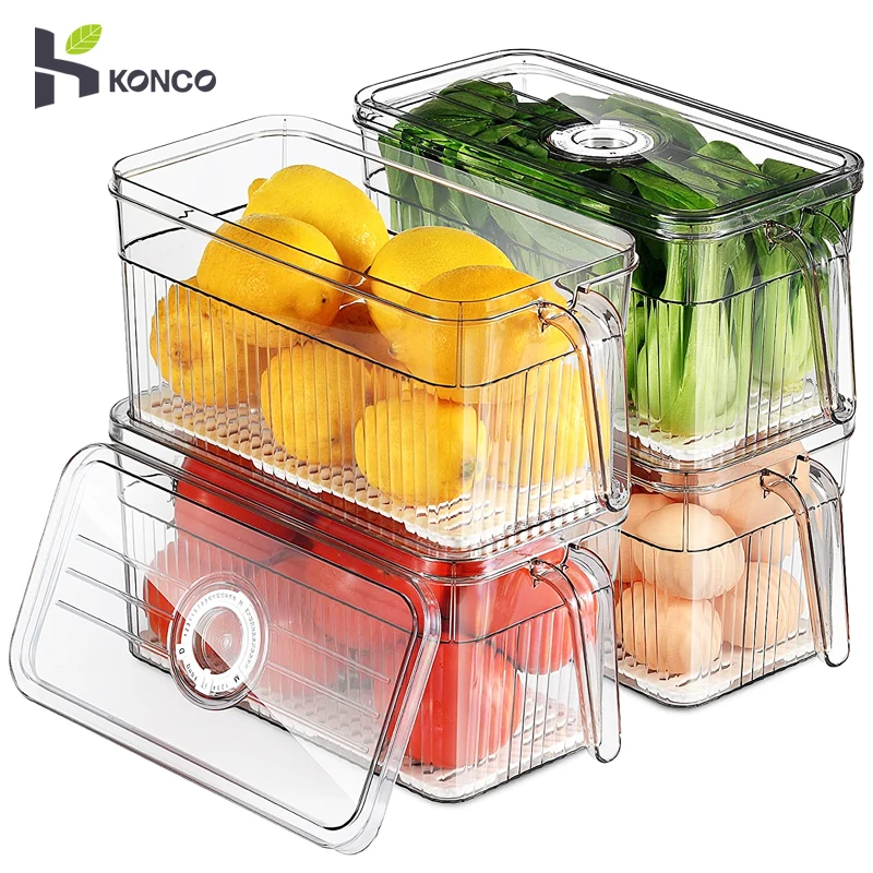 

Konco Refrigerator Storage Box Stackable Fridge Organizer with Freshness Timer Lid Plastic Food Freezer Pantry Kitchen Organizer