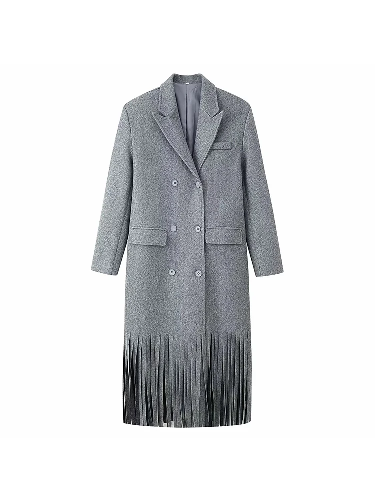 Mulheres inverno elegante borla retalhos casaco de lã feminino sólido manga longa lapela botão jaquetas longas moda rua outwear