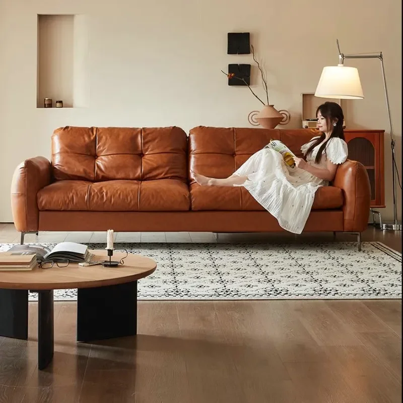 Italian Minimalist Leather Sofa Three Seater French Retro Style Medium Size Cowhide Oil Wax Finish for Living Room