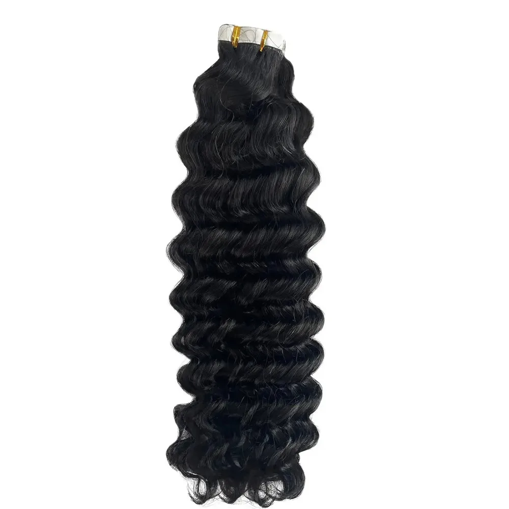 Fita de onda profunda em extensões de cabelo humano brasileiro 100% fita encaracolado em extensões de cabelo humano natural preto salão de alta qualidade