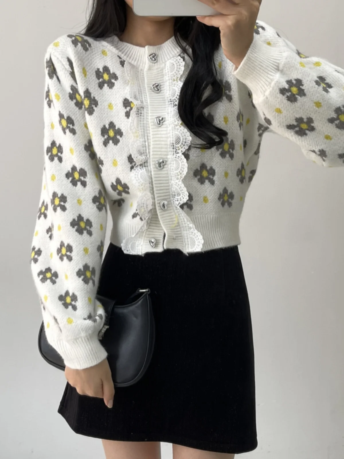 Thiened ort gebreid vest dames retro bloemborduurwerk kanten rand Bubble Sve open voorkant trui bovenkleding