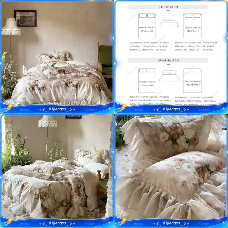 Vintage French Rose Floral Print Lace Ruffles Bedding Set 600TC Lyocell Cotton Duvet Cover Flat Fitted Sheet Pillowcases Home