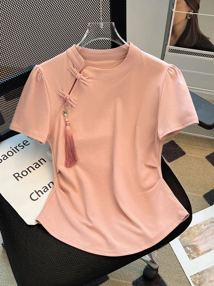 新しい中国風スレオルトスヴェティート女性用サマーラウンドネックボタンアップトップス、肩丈ストレートカットベーシックカラーブロ