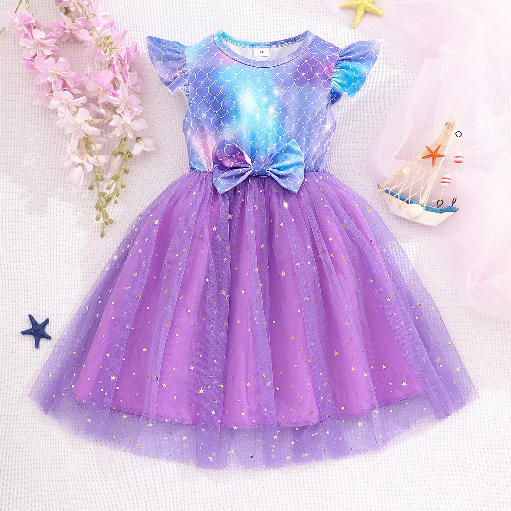 New Mermaid Dress Kids Girl Clothes Summer Short Sleeve Tutu Dress Sweet Mesh Purple Fish Scales Children Princess Dresses 3-7 Y