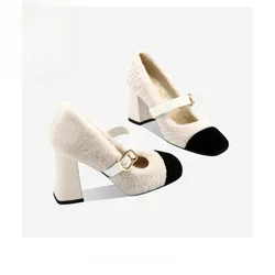 2025 Spring pumps Mary Jane high heels small fragrance light cut thick heel everything plus cashmere fairy hair women's shoes