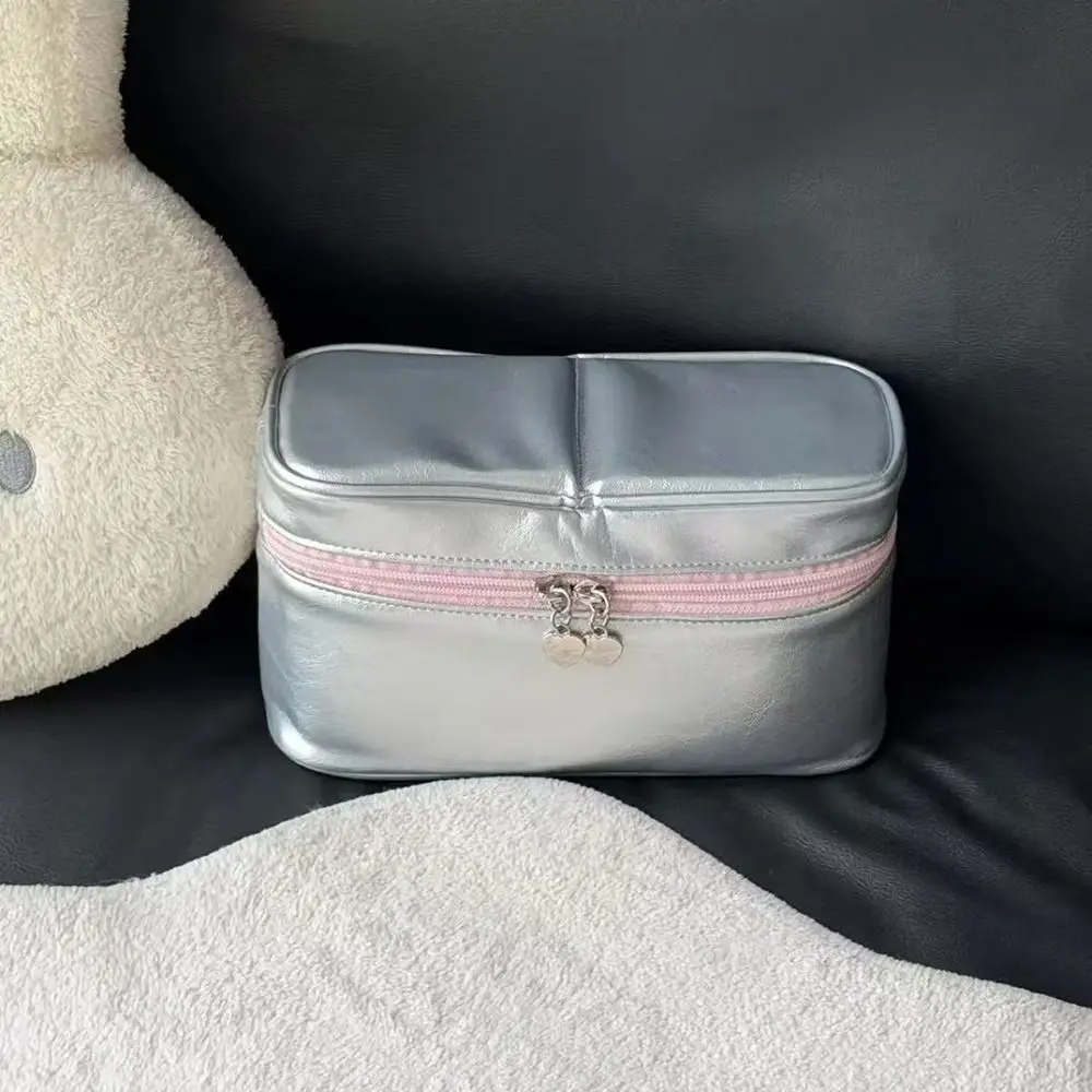 PU Leather Silver Makeup Bag Multi-functional Detachable Vertical Toiletry Handbag Large Capacity with Handle
