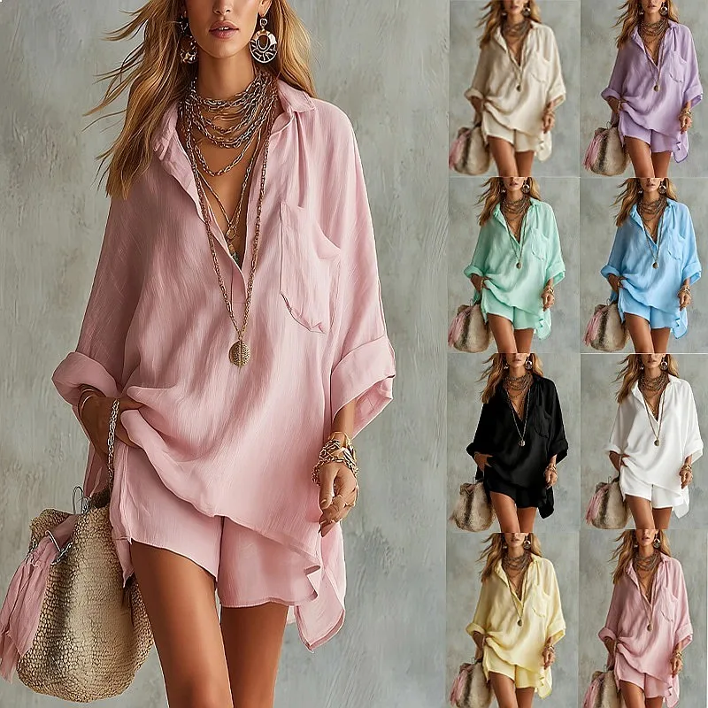 

Cotton Linen Shirt Shorts Set Women Summer Matching Set Blouse Top Beach Shorts Jumpsuit Playsuit