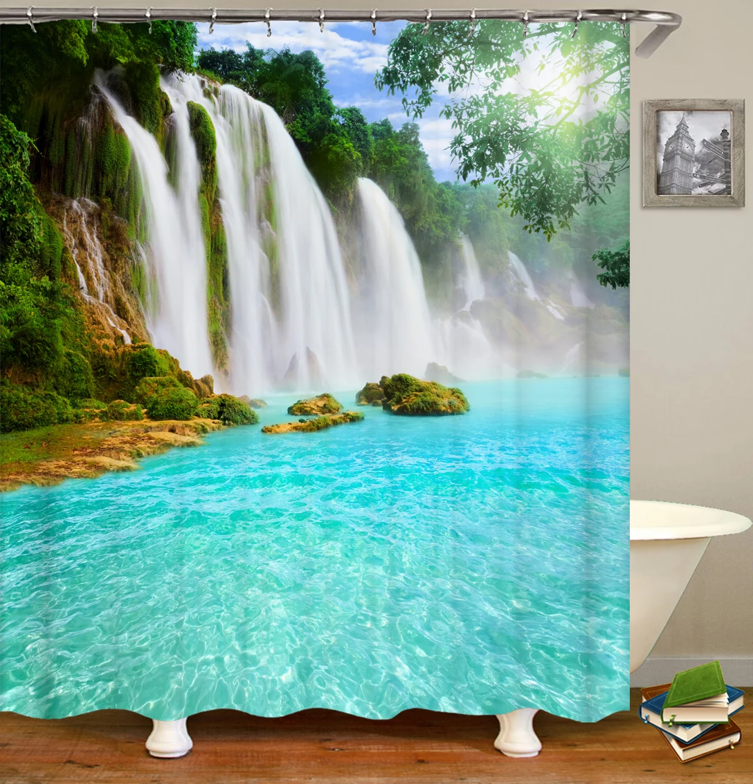 3D Sea Beach Scenery Print Shower Curtain Waterproof Landscape Bathroom Curtain Hooks Home Decoration Anti-peeping Bath Curtain