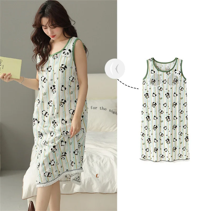 M-4XL Bra Sleepwear Women\'s Nightgowns Sexy Sleeveless Printed Night Shirt Large Size Cotton Nightdress Casual Home Wear Dress