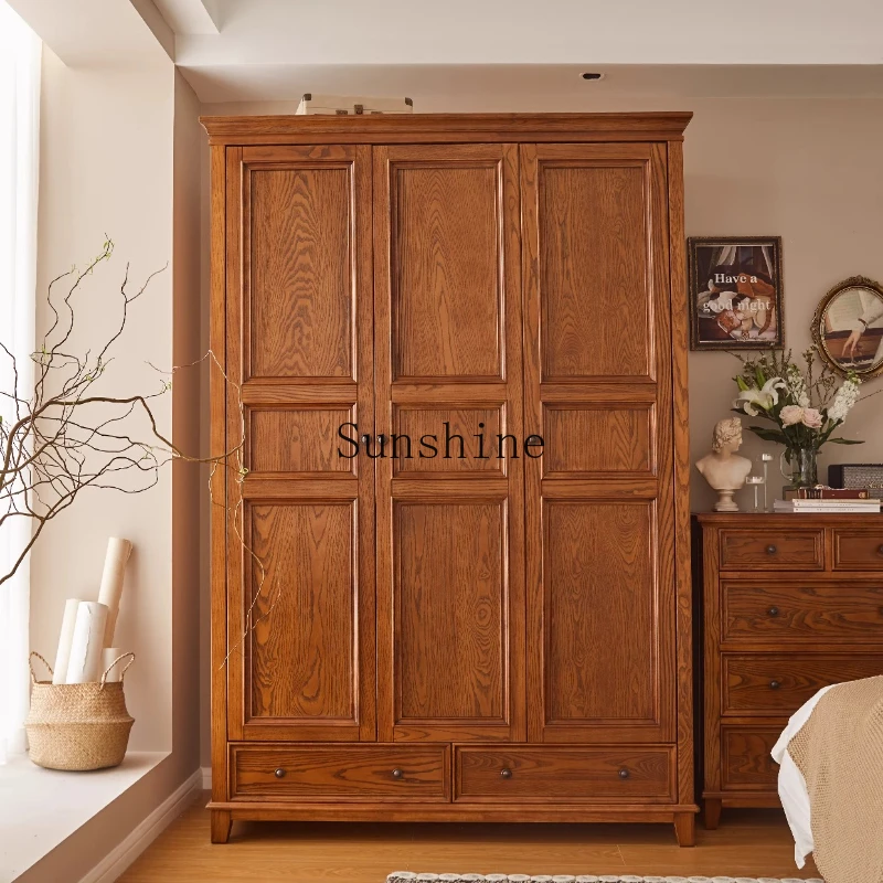 

American solid wood wardrobe three-door bedroom home with drawers floor-to-ceiling storage retro furniture