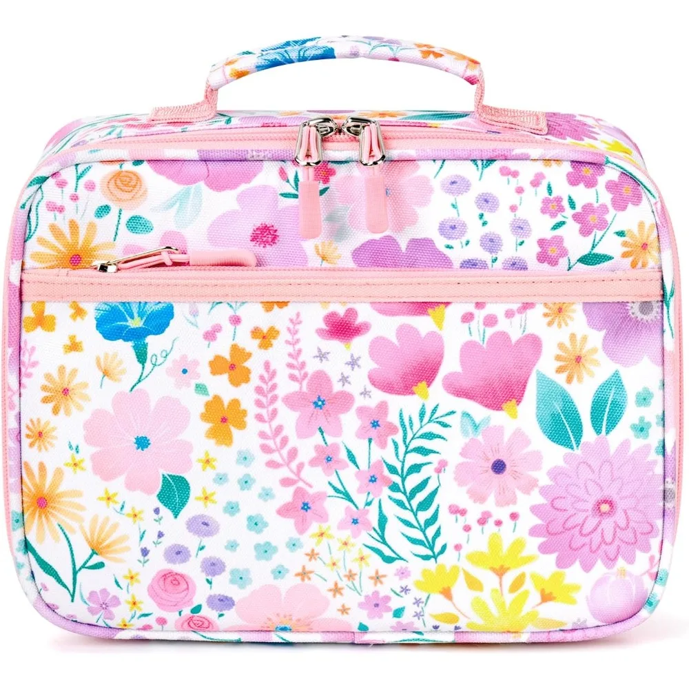 Insulated Lunch Bag for Girls, Reusable Kids Lunch Box with Flower Pink Design, Water-Resistant 900D Polyester, Easy Clean view 2