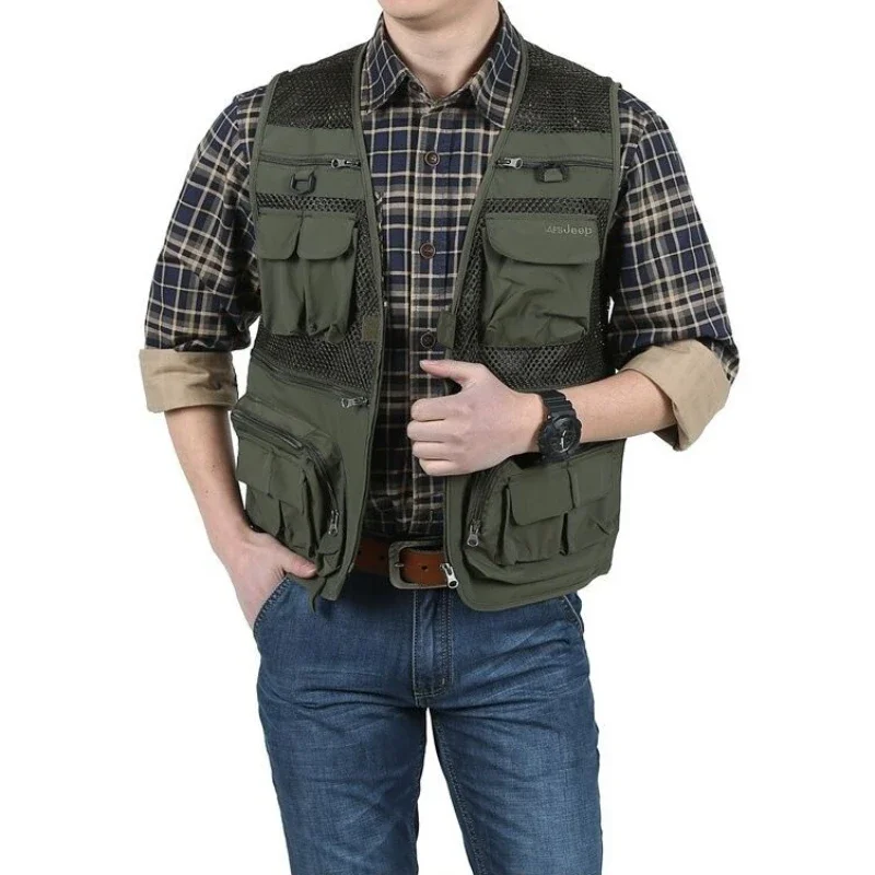 MaiDangDi Spring/Summer Men\'s Mesh Work Vest Work Style Multi Pocket Decorative Jacket Extra Large Men Top Daily Casual Coat