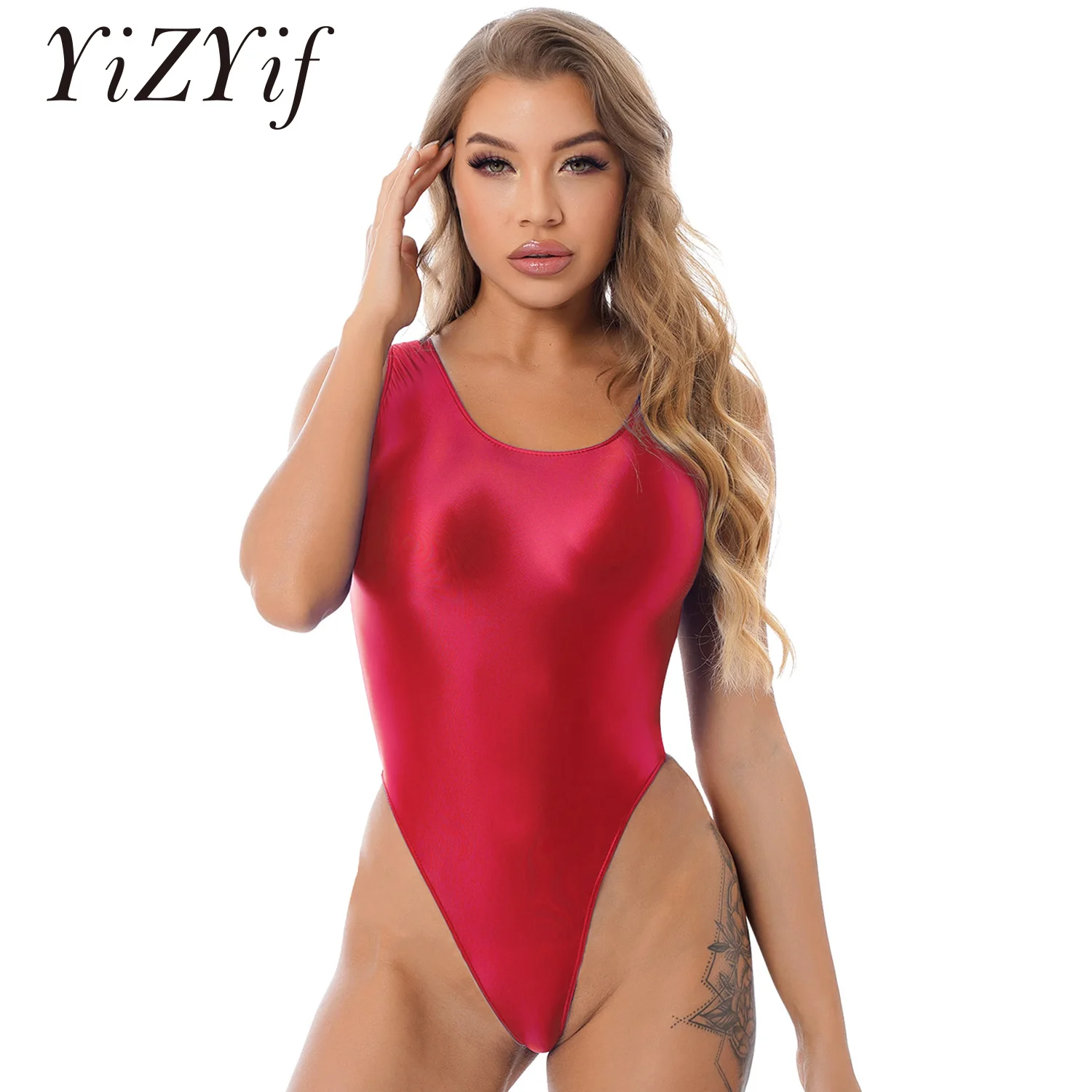 

Women's Swimsuit Glossy One Piece Swimwear Sleeveless Round Neck Sport Running Bodysuit Swimwear Swimming Bathing Suit Clothes