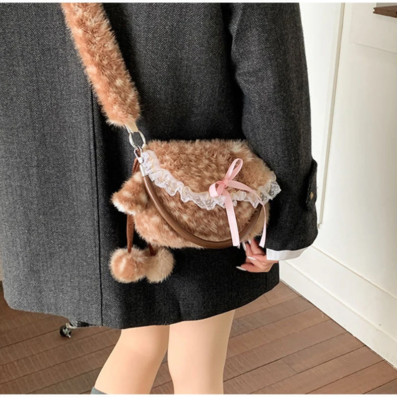 Japanische Hirsch gefleckte Band Plüsch Unterarm Umhängetasche, Mori Girl Elch flauschige Frauen Geldbörse, Winter süße Woodland Fairycore Handtasche – Detail 27