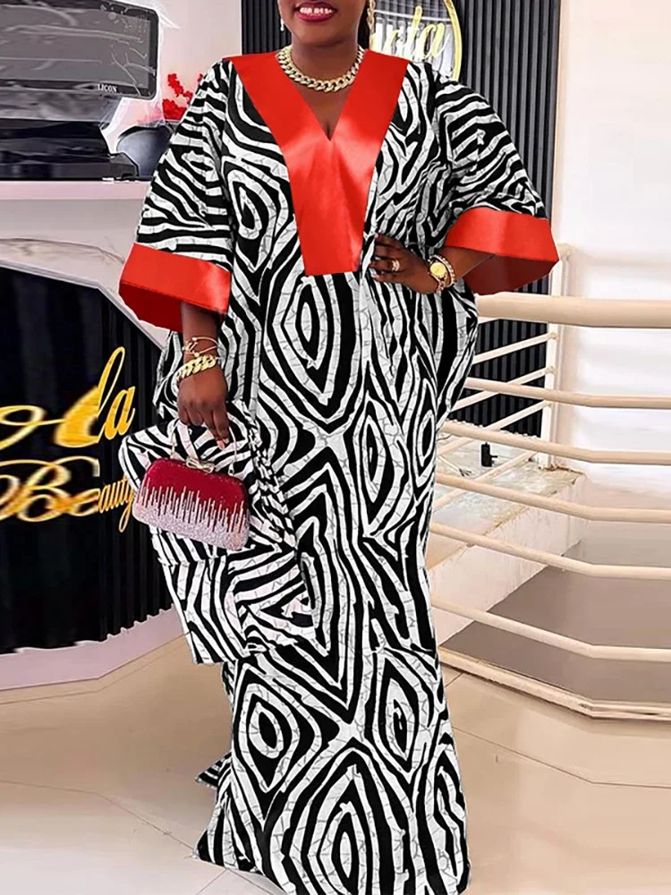 

VONDA Plus Size Dresses Vintage Maxi Women Flare Sleeve Satin Sundress V-Neck Printing Patchwork Long Vestidos Party Robe 5XL
