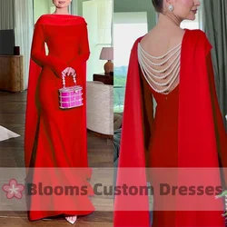 Blooms Red Crepe Long Sleeves Customized Evening Dress Pearls Saudi Arabia Long Cape Formal Occasion Elegant Wedding Prom Dress