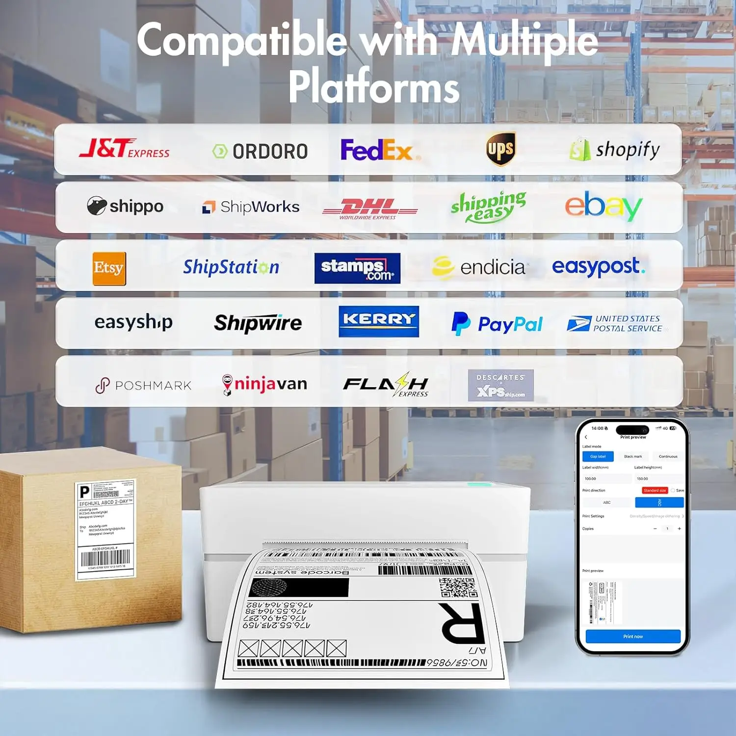 xpress Package Bluetooth Thermal Shipping Label Printer 4x6 Wireless Label Printer Compatible With Android iPhone Windows Mac