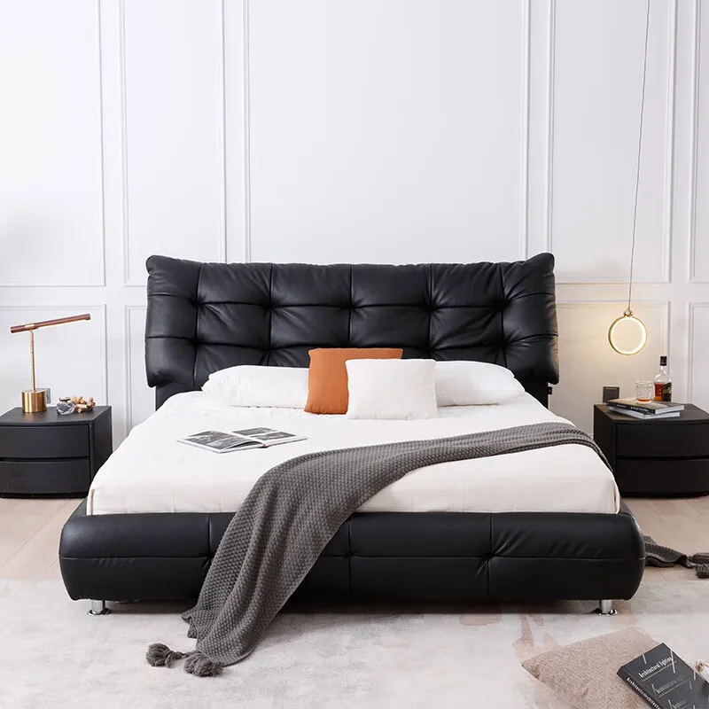 

Customizable Italian minimalist black first layer cowhide bed