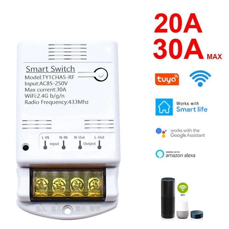 Tuya Wifi 30A Relay Module 85-250V Smart Switch DIY 433MHZ RF Controller APP Voice Relay Timer Remote Control-ABFB