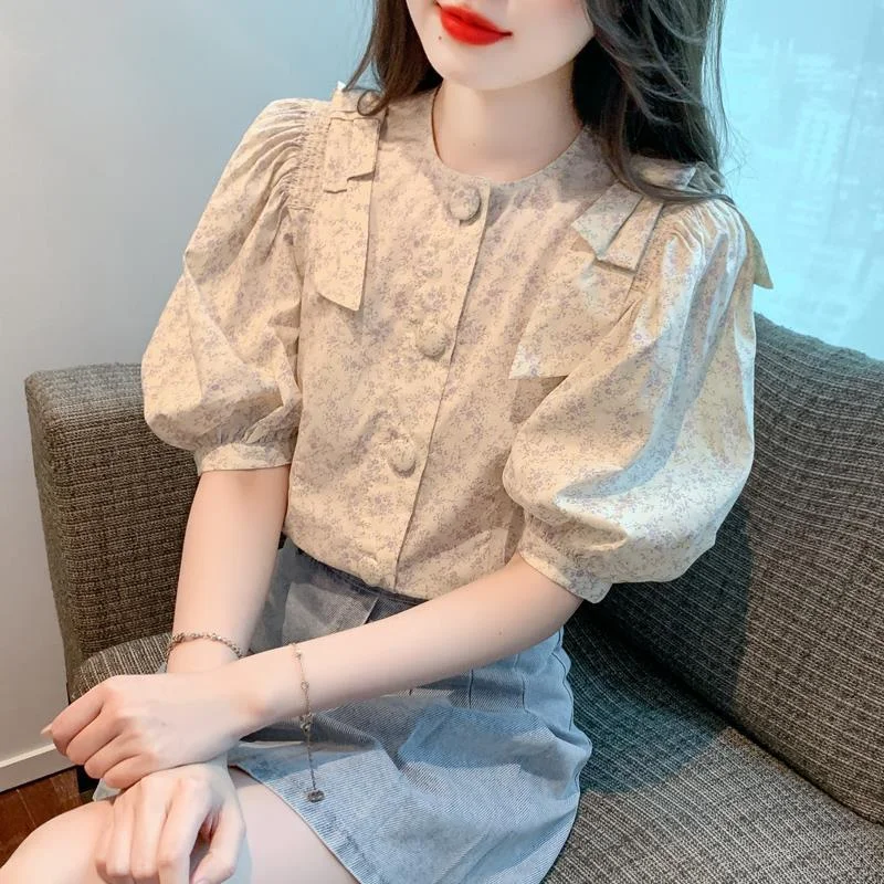 Fashion Floral Bubble Sleeve Shirt Women\'s Summer Design Niche French Style Top New Youthful and Beautiful Chiffon Shirt