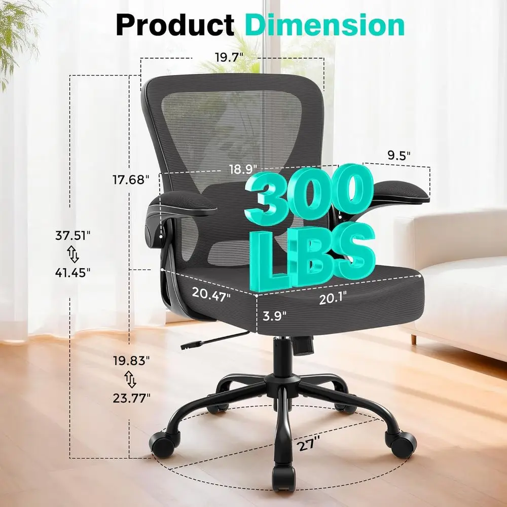 Ergonomic Breathable Mesh Desk Chair with Adjustable Lumbar Support and Flip-up Armrests - High Back Rolling Swivel Comfortable