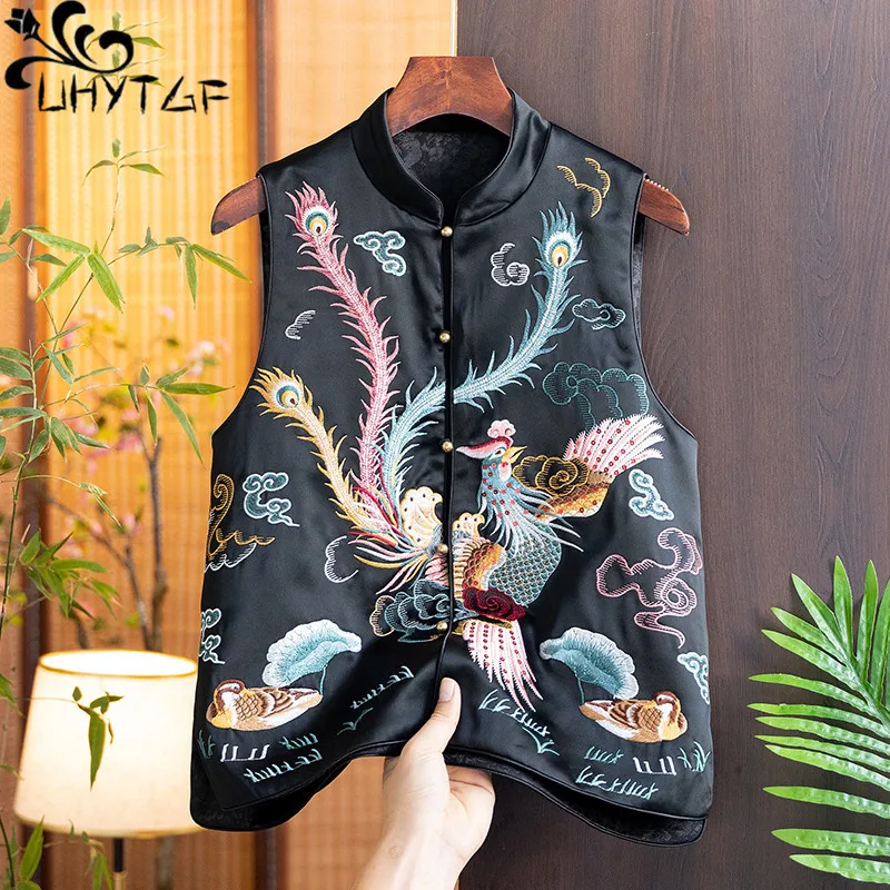 

High-Grade Satin Waistcoat Women Sleeveless Coat 2024 Spring Chinese Style Vintage Embroidery Phoenix Flower Chinese Vest Top