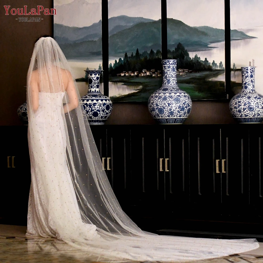 YouLaPan V11 Bridal Wedding Round-Cut Mesh with Champagne Pearls 3m Long Trailing Cathedral Veil Retro Romantic