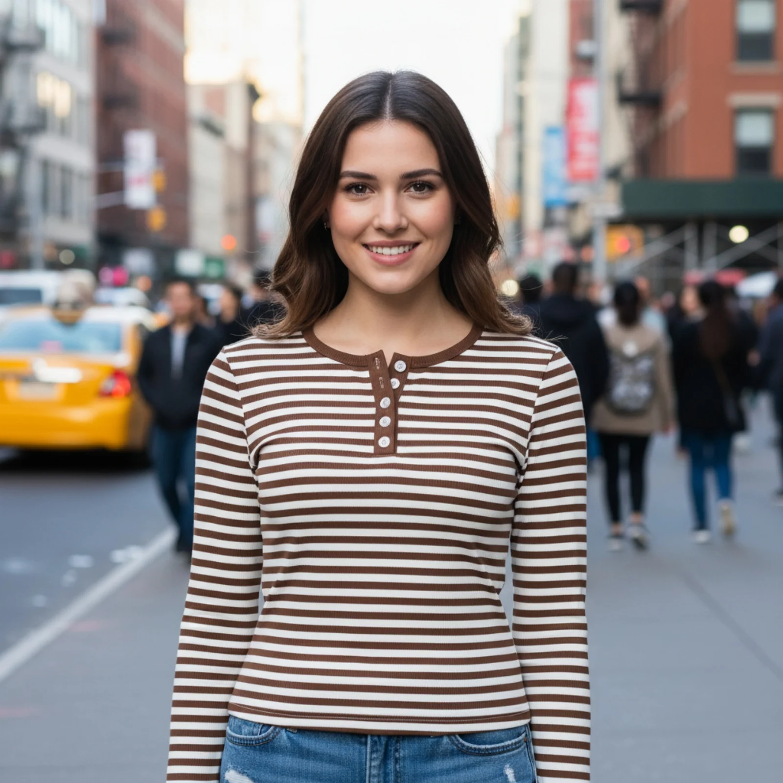 Casual Long Sleeve Brown White Striped T-shirts for Women Button Front Spring Fall Vintage Pullover Tops for Daily Wear