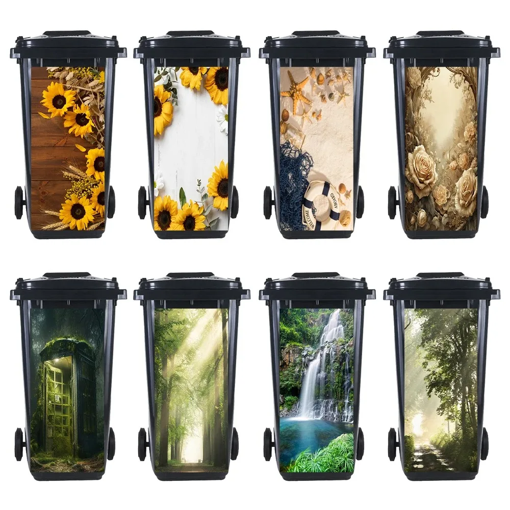 

Sunflower Printed Trash Can Sticker Waterproof Plants Forest Mural Outdoor Garbage Bin Decal Home Yard Decorative Decals 1Pc