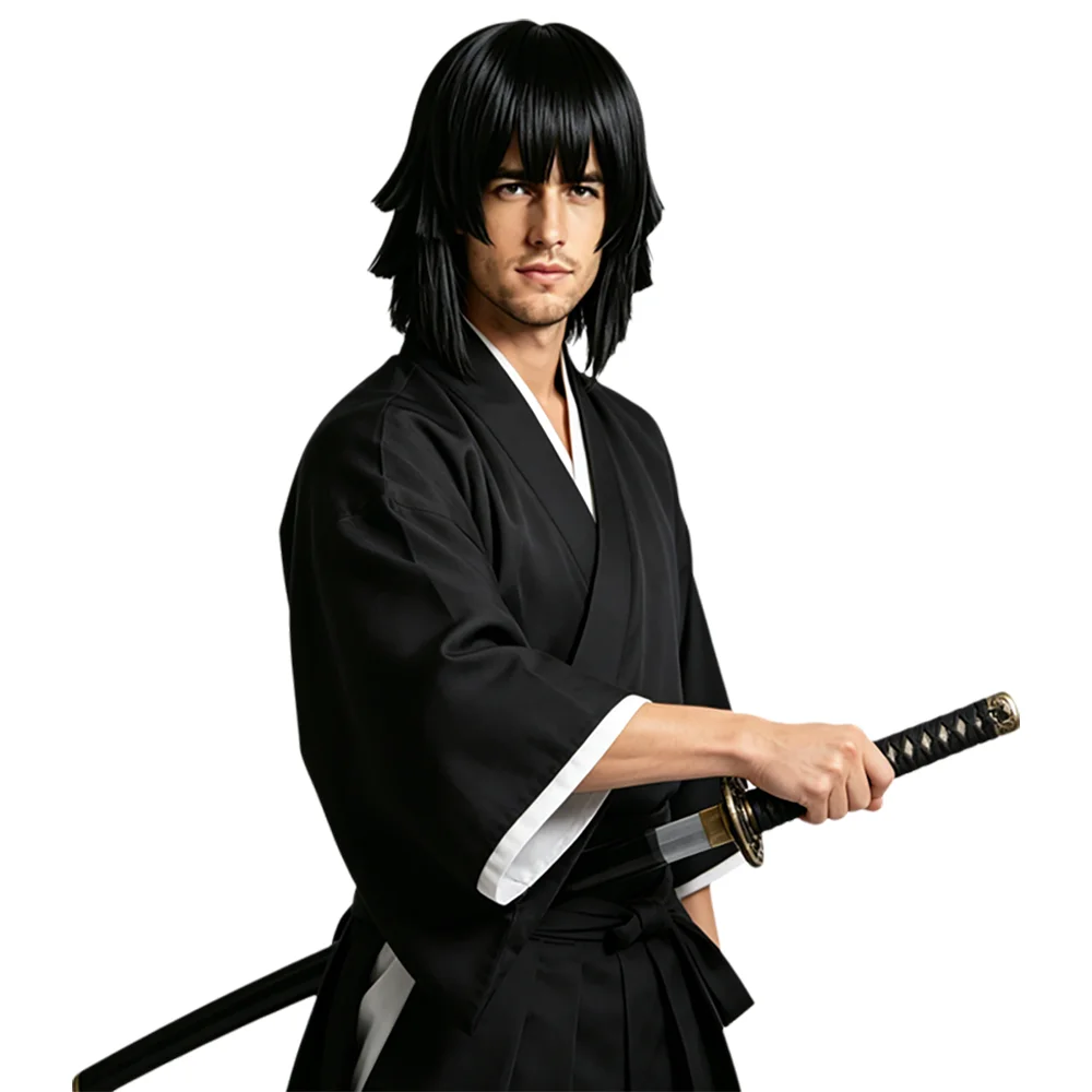 Serpent Pillar Iguro Obanai Cosplay Wig 15 Inch Black Short Layered Synthetic Wig For Anime Convention Role Play Comic Con Daily