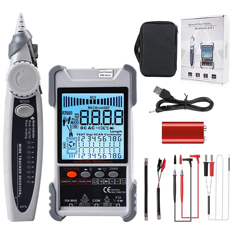 2In1 Network Cable Tester & Digital Multimeter,For CAT5 CAT6, Probe Toner Length Measuring Voltage Tester Tool For Home