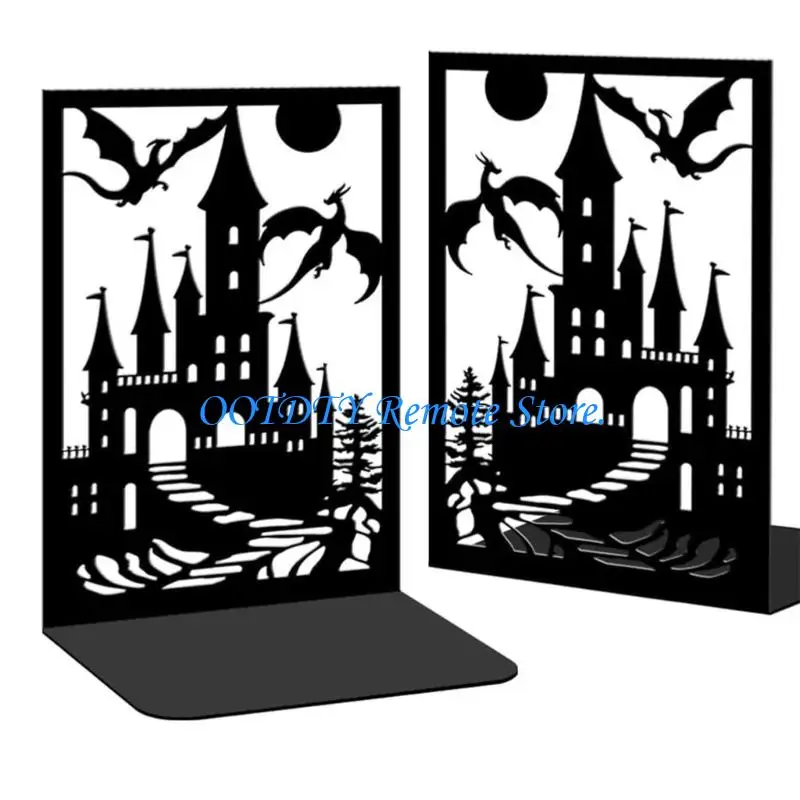  Artistic Hollow Out Pterosaur Bookends Metallic Desktop Shelf For Home Library Office Decoration And Book Organization