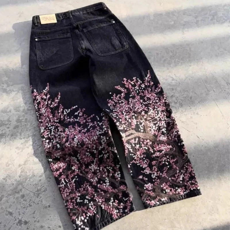 HOUZHOU Y2k Harajuku Embroidery Jeans Gothic Vintage Oversize Denim Trousers American Retro Hip Hop Wide Leg Pants Streetwear