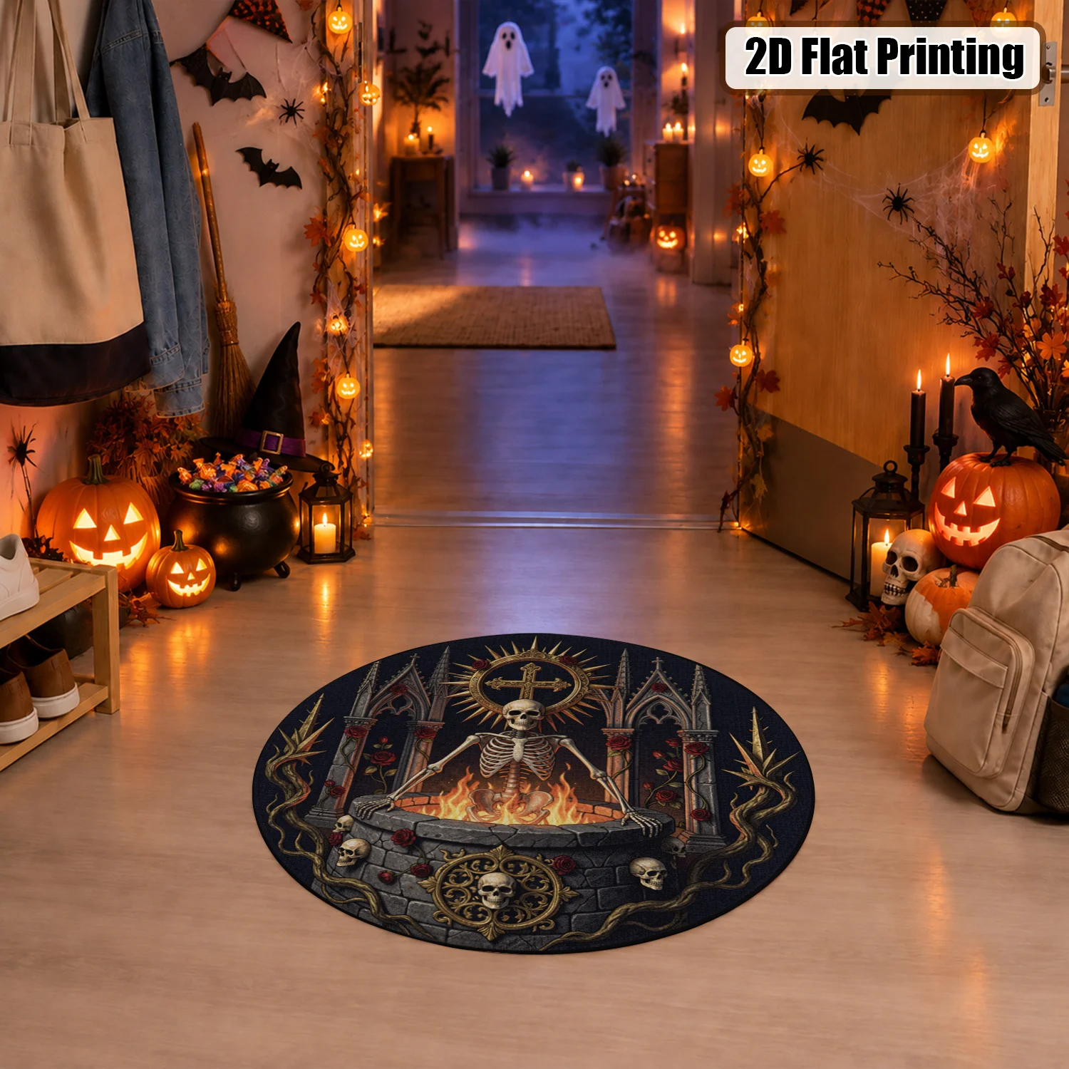Gothic Skeleton Cross Rose Design Round Velvet Rug Machine Washable for Living Room Bedroom Entryway Halloween Thanksgiving Christmas Black Friday Cyber Monday