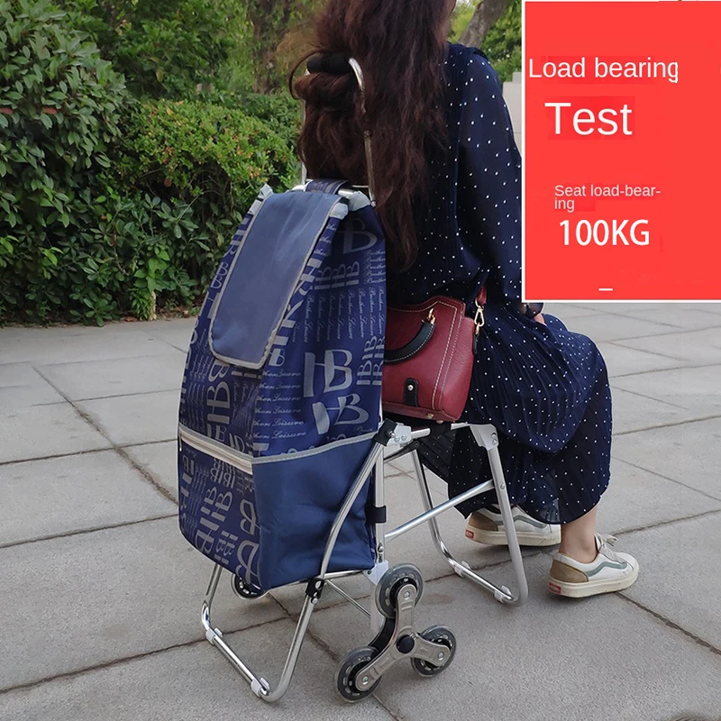 Can Sit Portable Shopping Bag with Wheels Trolley Seat Stool Tote Bag Shopping Cart Folding Climbing Stairs Storage Bags