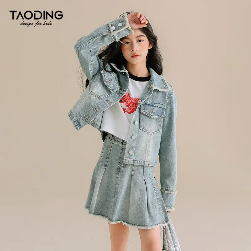 

Girls Suits 2024 New Spring and Autum Coat and Skirt Blue Fashion Suits Two-piece Set Clothes Korean Simple Style Suits