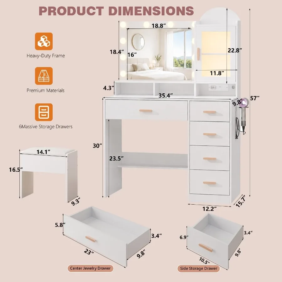 Vanity Desk with LED Lights and Mirror, 35.4