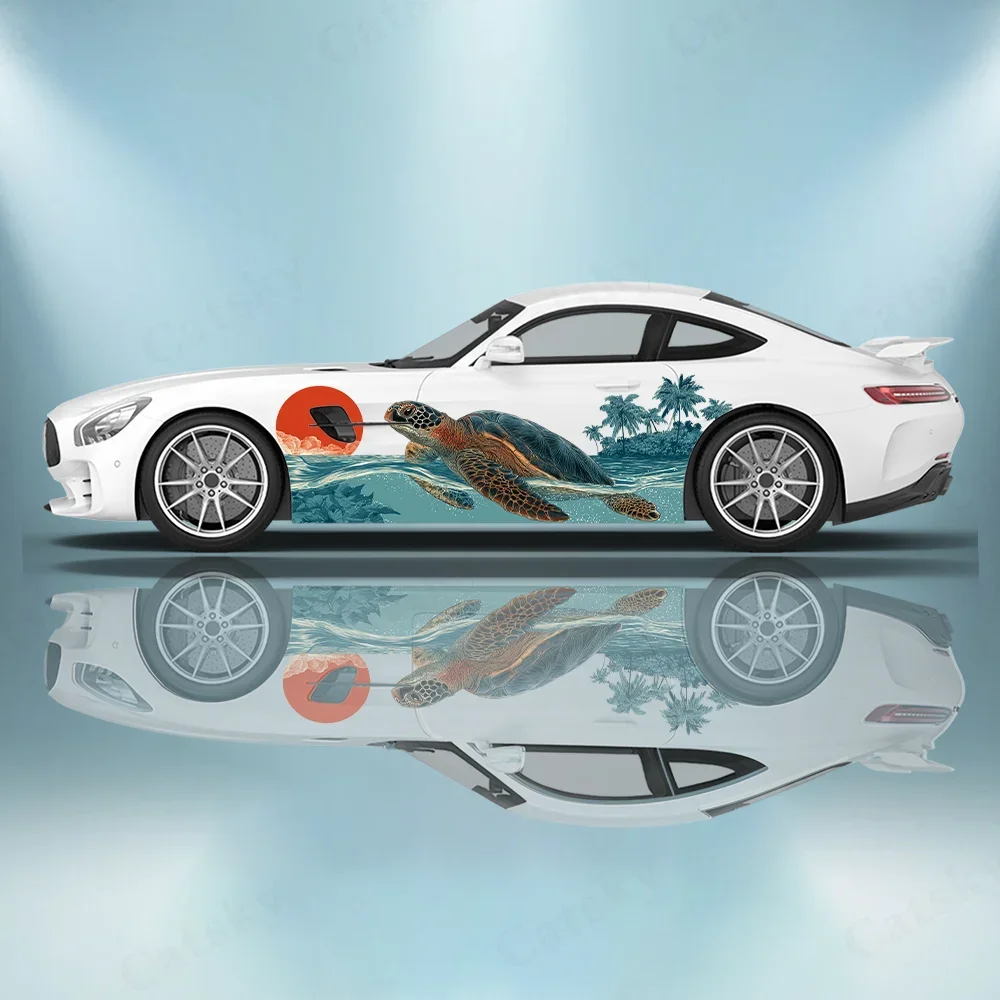 Turtle Tropical Sunset Car Vinyl Wrap Decal Selfadhesive PVC Anti Scratch Sticker Suitable for Trucks SUV Decor Auto Accessories