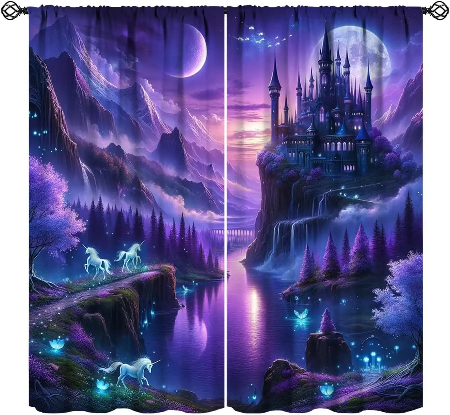 Fantasy Castle Curtains, Magical Purple Forest Mountains Trees Fairy Tale Magic Unicorn Flowers Print Window Treatments for Kids