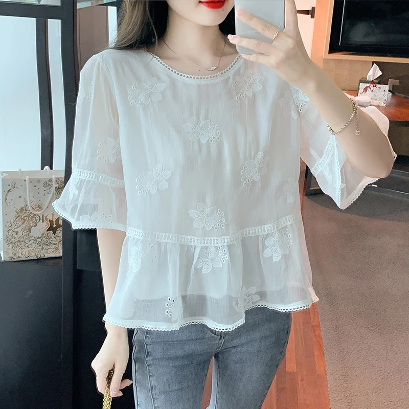 White Blouse 2023 New Fashion Casual O-Neck Top Puff Sleeve Shirt Women's Clothing