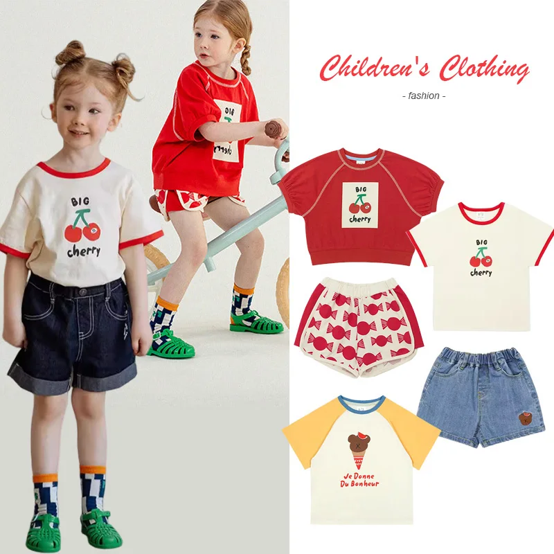 2024 New Korean Children\'s Clothing Kawaii Cartoon Cherry Baby Girls T-shirt Shorts Set Summer Boys Short Sleeve Kids Clothes