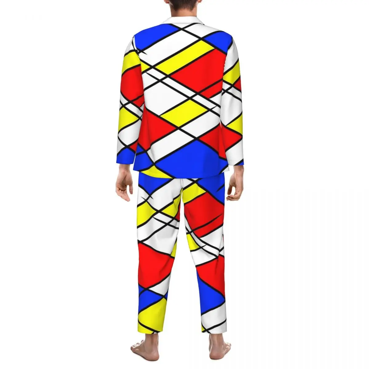 Red Yellow And Blue Mondrian Pajamas Men Trendy Sleep Sleepwear Spring 2 Pieces Vintage Oversized Graphic Pajama Set