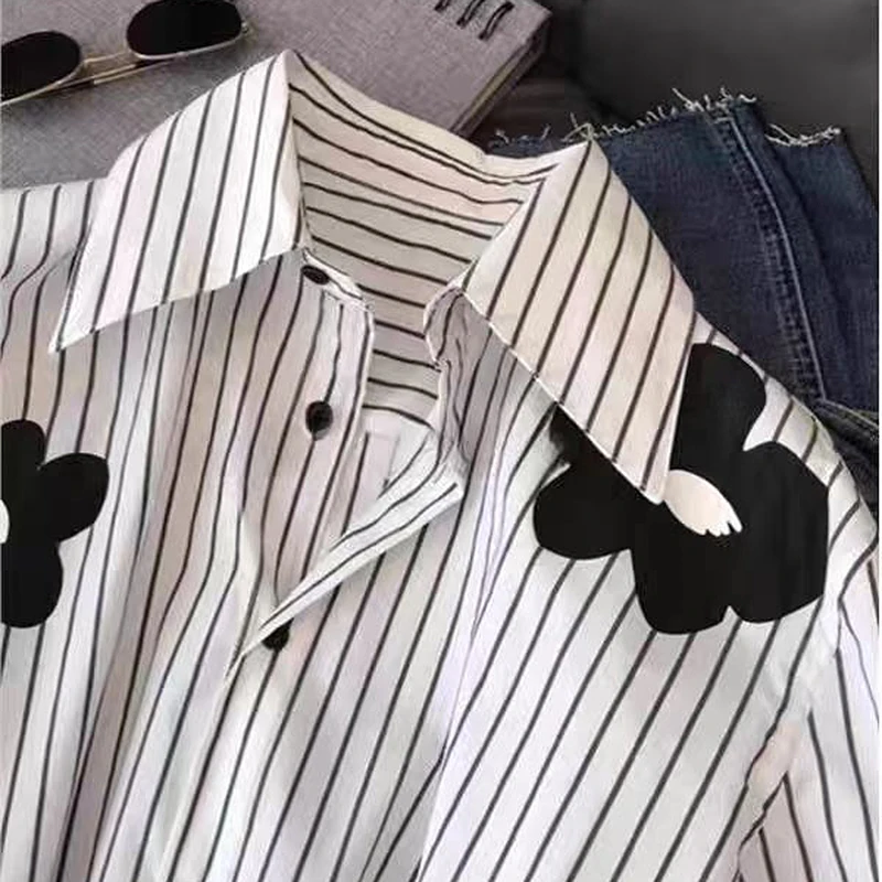 Chemise ample et chemisier à manches longues, col rabattu, rayures florales, nouveau dans les vêtements, haut décontracté, simple boutonnage, bureau, dame, blanc