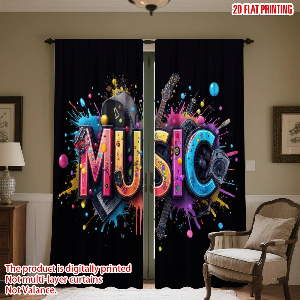 

2D flat printing 2pcs Drapes Colorful Music Splash Digital Printed Polyester Drapes All Season Party & Holiday Decor Perfect for