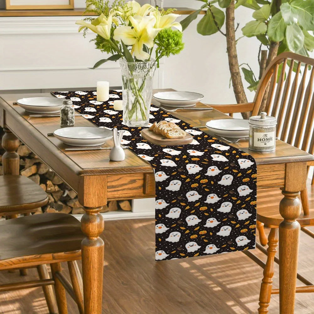 Halloween Table Runner - Cute Ghosts, Pumpkins, Autumn Leaves Design on Black Background Rectangular Kitchen Dining