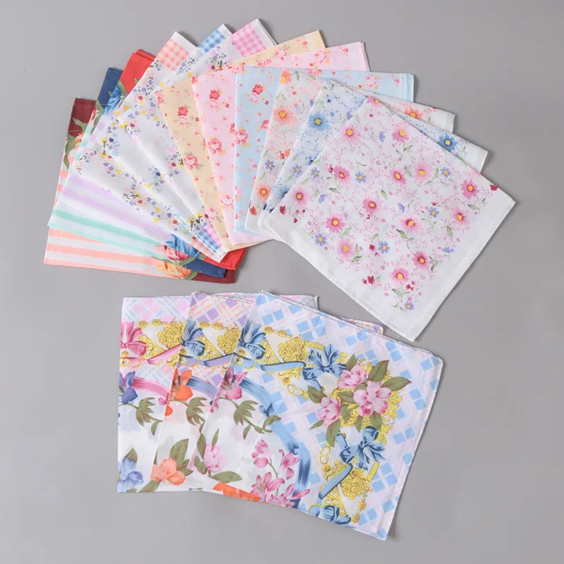 3Pcs 43x43cm Square Flower Printed Lady Women Handkerchiefs Vintage Cotton Towel Mother\'s Day Gift