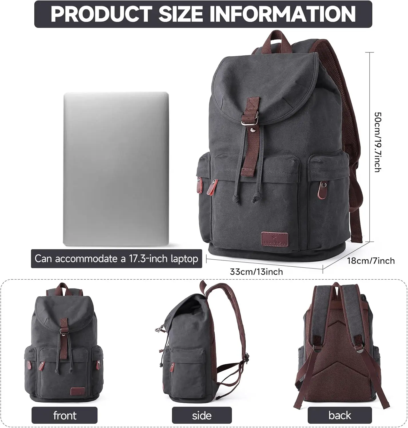 Vintage Canvas Backpack for Men 30L Durable Travel Backpack with 17.3 Inch Laptop Compartment Drawstring and Magnetic Closure Me